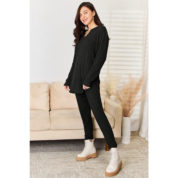 BASIC BAE Plus Black 2 Piece Notched Long Sleeve Top Pants Set Plus Size NEW 3XL - Picture 5 of 8